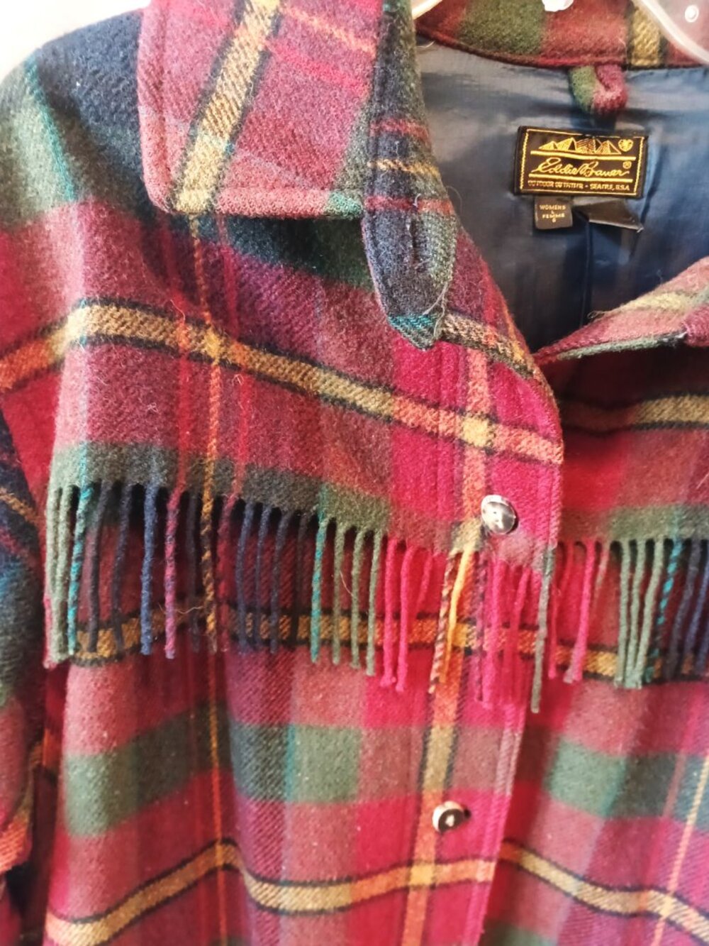 Vintage Eddie Bauer Women's Plaid Wool Fringed Buttoned Coat/Jacket - Picture 3 of 7